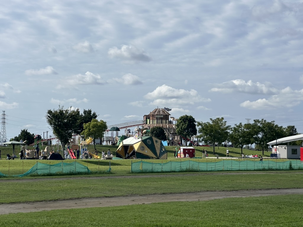 しらこばと公園コバトンの森の大型遊具エリアを芝生越しに望む全景