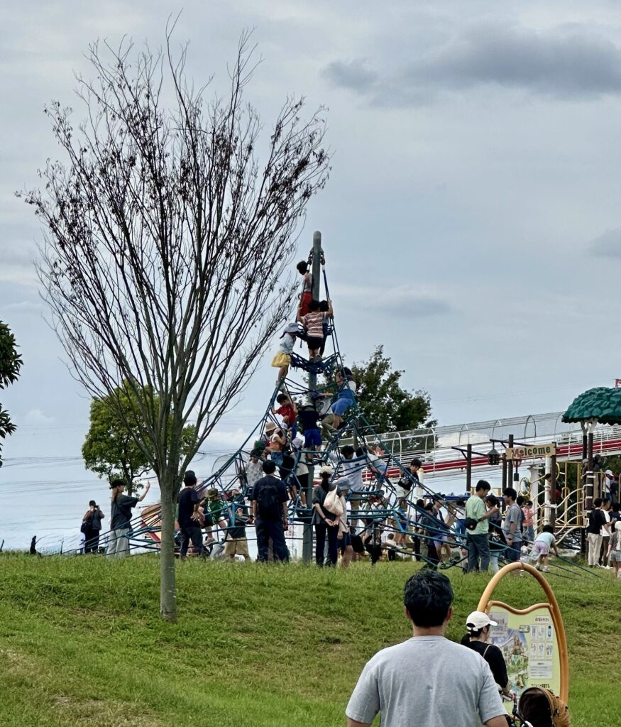 大勢の子どもが登るコバトンの森のロープ製クライミング遊具