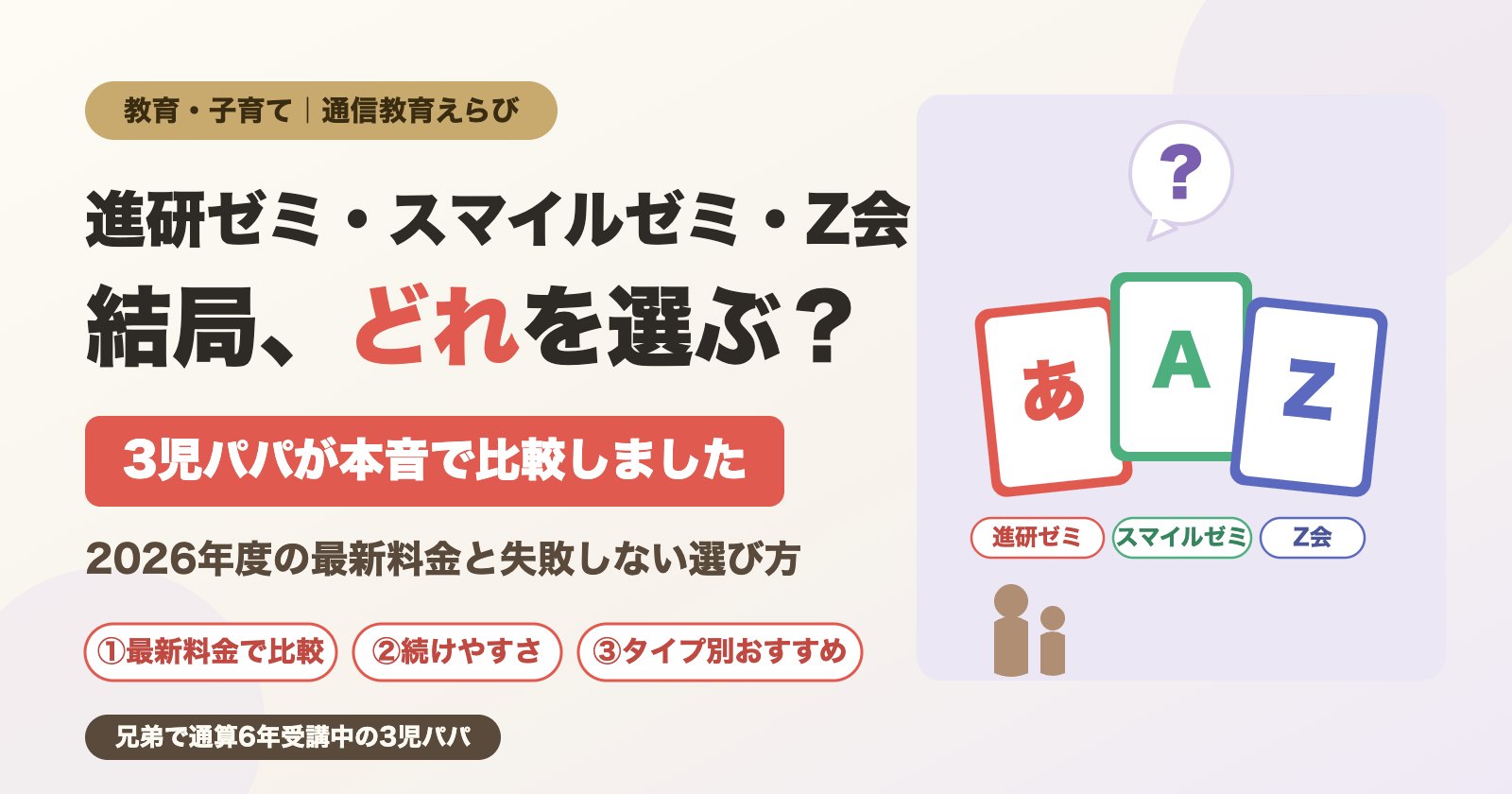 進研ゼミ・スマイルゼミ・Z会を3児パパが本音比較（タブレット3台と？マークのイラスト）