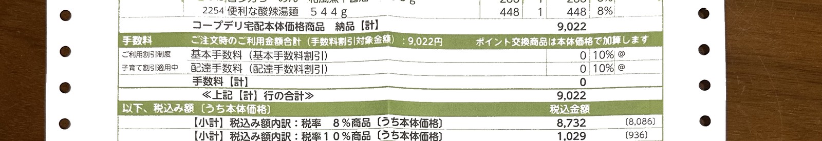 コープデリの明細。基本手数料と配達手数料がどちらも0円で、子育て割引適用中と表示されている